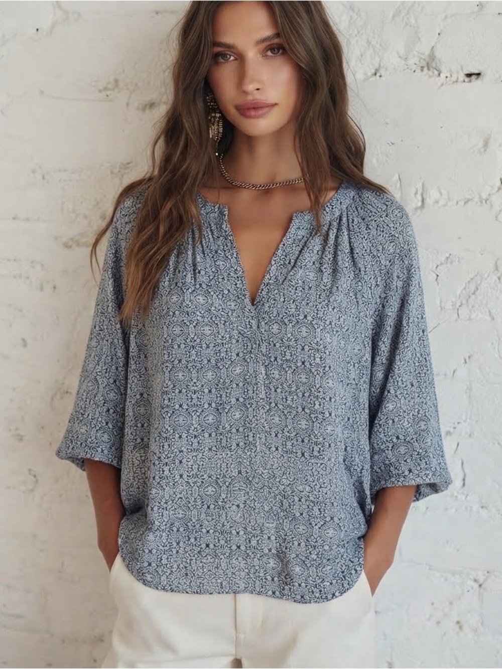 Cynthia Rowley 100% Silk V-Neck Blouse - Navy & White Bohemian Print - Small
